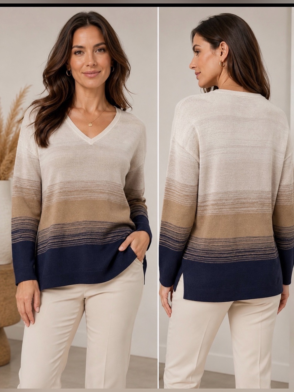 St. John Neutral Ombré Knit Tunic Sweater M Quiet Luxury Preppy Chic minimalist